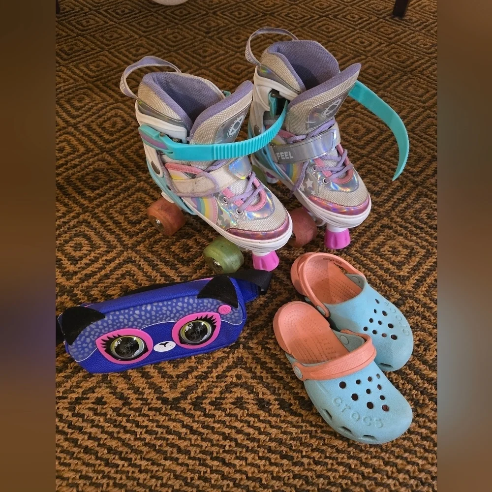 Colorful Roller Skates and Crocs Set, Bag